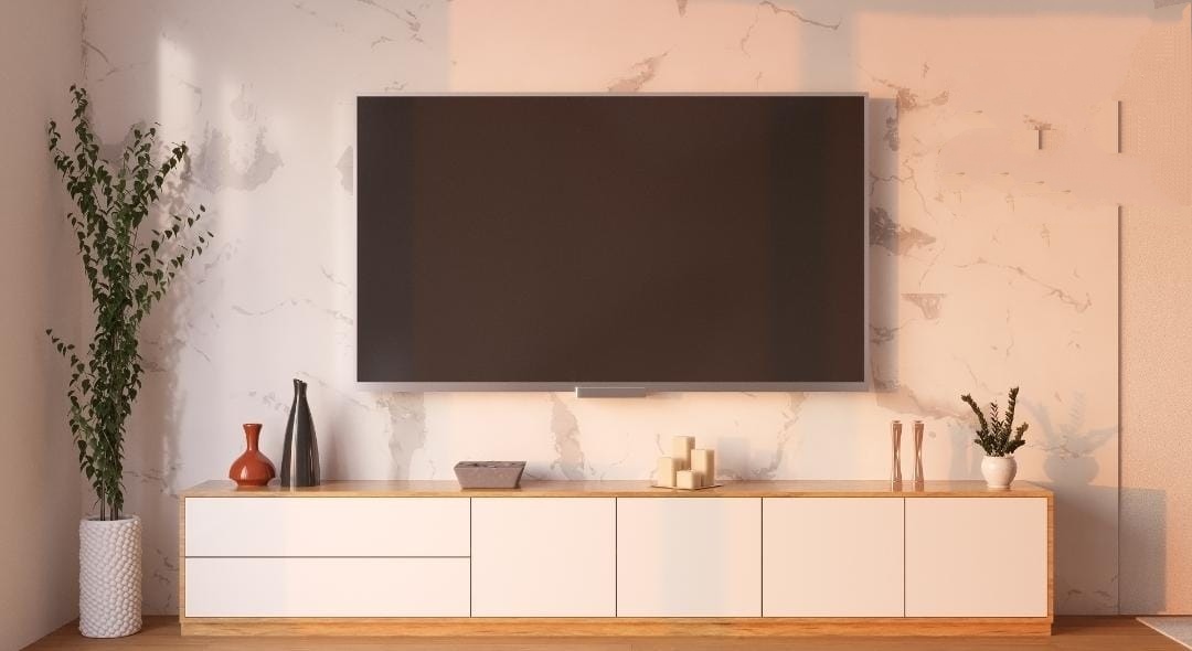 Tv. en color roble y puertas y cajones en color blanco